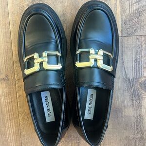 Steve Madden Black Leather Platform Loafers with Gold Hardware